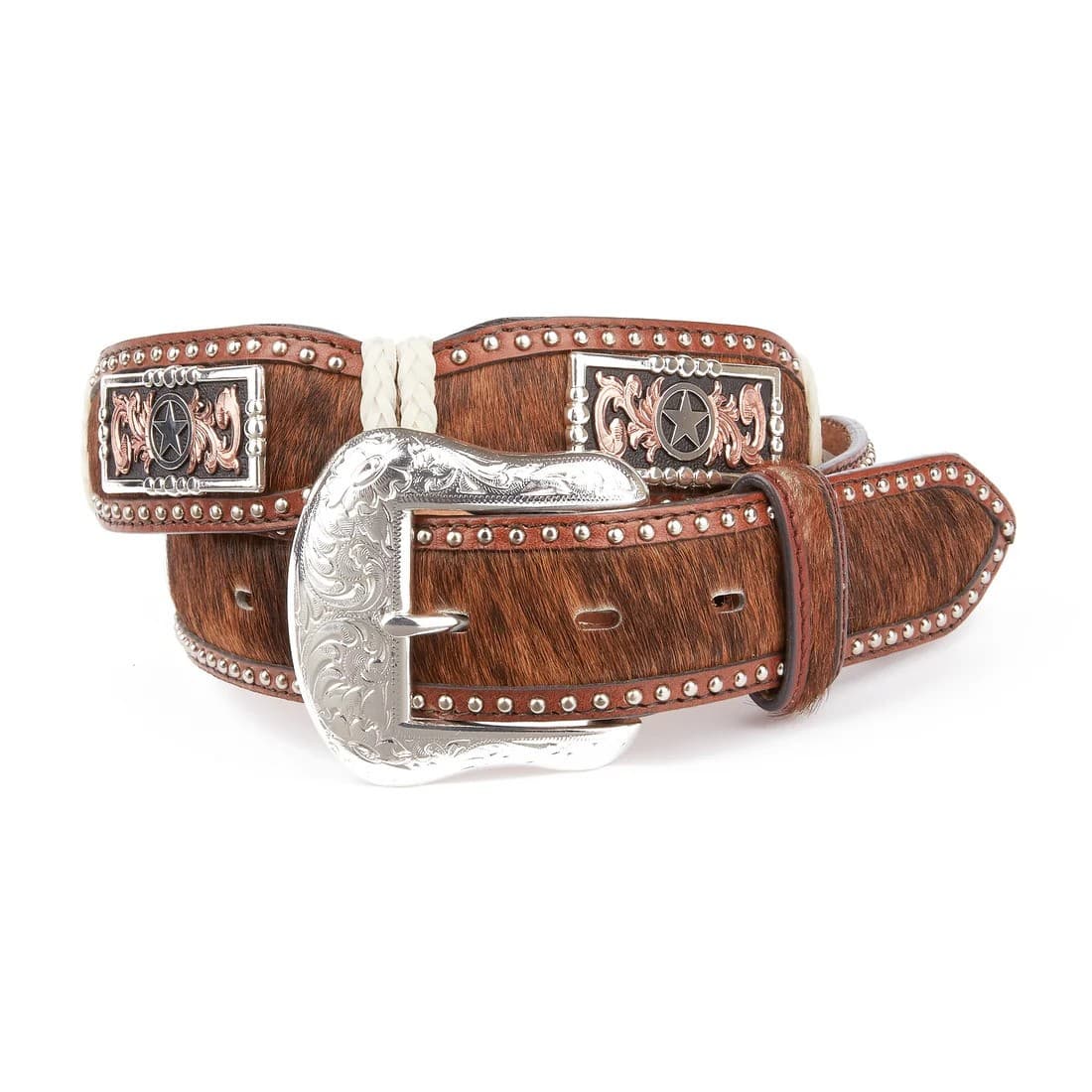 Mustang Ridge Brindle Hair Cowhide Belt — Tricolor Star & Scrolls Concho